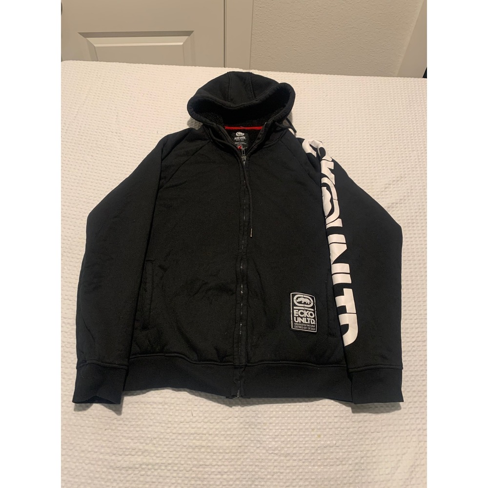 Ecko Unltd Mens Black Sherpa Lined Full Zip Hoodie Logo Sleeve Large